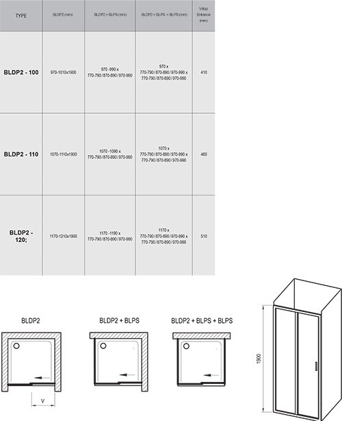 Душевая дверь RAVAK Blix 190x100 универсальная (0PVA0C00Z1) BLDP2-100 Transparent хром