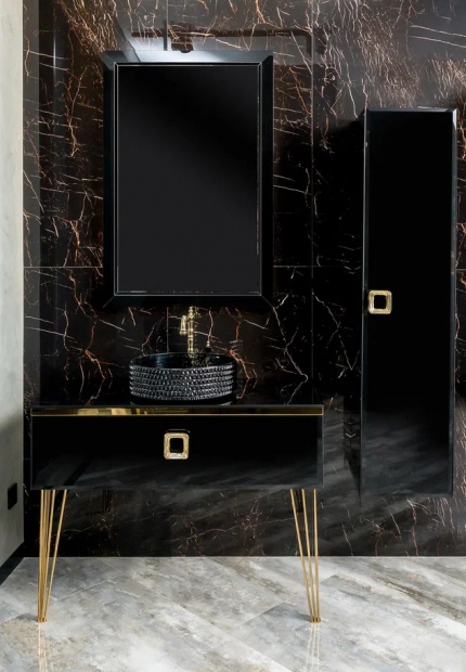 Комплект мебели Armadi Art Lucido 100 черная глянцевая, раковина 817-B, ножки золото
