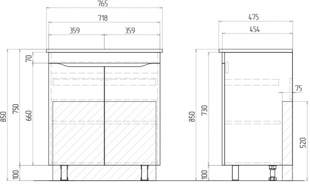 Комплект мебели Vigo Grani 75 напольная, 2 дверцы, белая