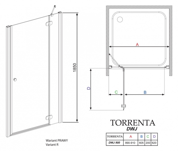 Душевая дверь RADAWAY TORRENTA DWJ (32000-01-05N) 185x90 стекло графит R
