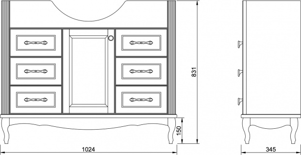 Комплект мебели ValenHouse Эллина 105 белая, 6 ящиков, 1 дверца, ручки бронза