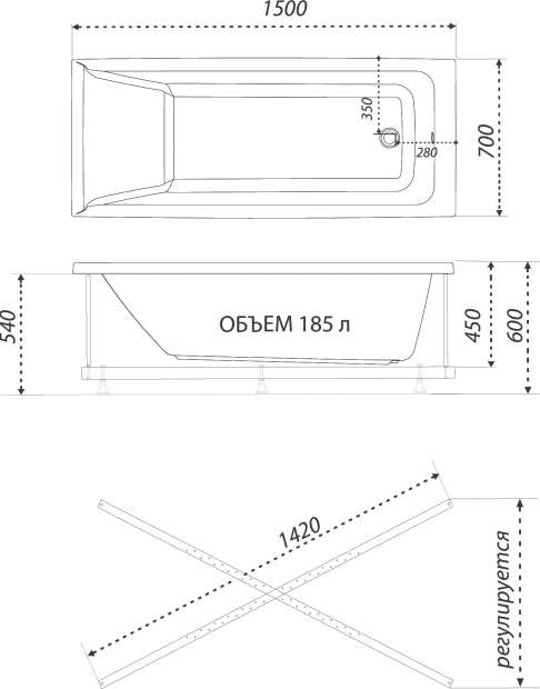 Акриловая ванна 1ACReal Тори 150x70, с каркасом