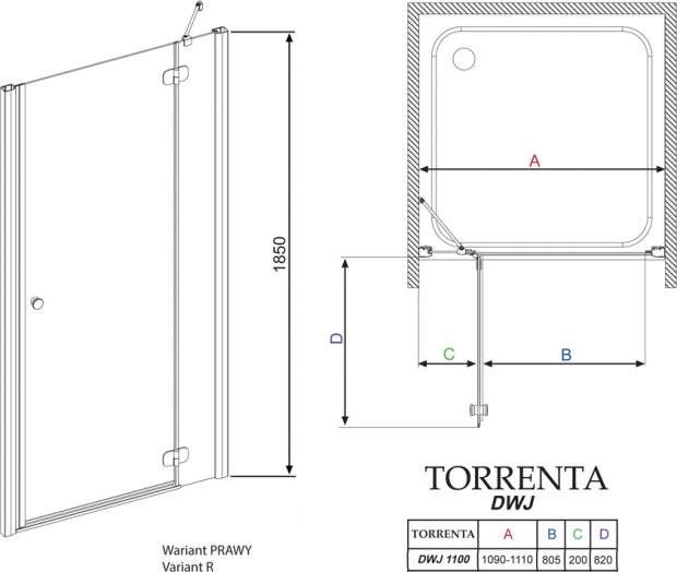 Душевая дверь в нишу Radaway Torrenta DWJ 110 прозрачное стекло R