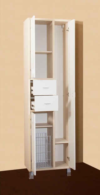 Шкаф-пенал Бриклаер Бали 57 светлая лиственница, белый глянец, с бельевой корзиной