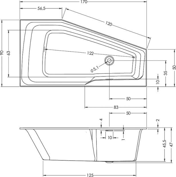 Акриловая ванна Riho Rething Space L, 170x90