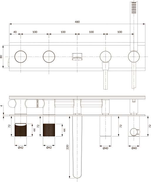 Смеситель для ванны с душем Omnires Contour CT8037/1GLB, золото