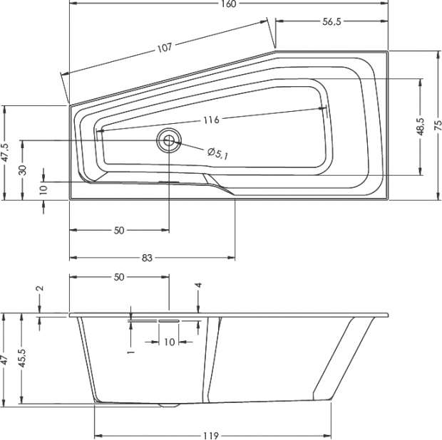 Акриловая ванна Riho Rething Space R, 160x75