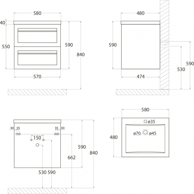 Комплект мебели Art&Max Platino 60, подвесная, белый глянец
