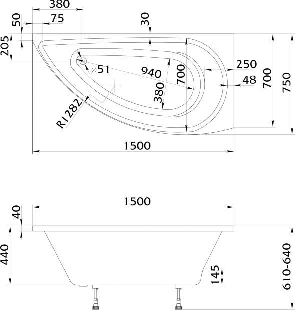 Акриловая ванна 1MarKa Piccolo 150x75 R без гидромассажа