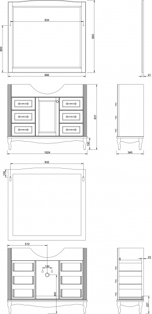 Комплект мебели ValenHouse Эллина 105 белая, 6 ящиков, 1 дверца, ручки бронза