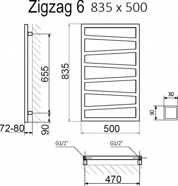 Полотенцесушитель электрический Terma Zigzag 50x83, белый матовый, без тэна