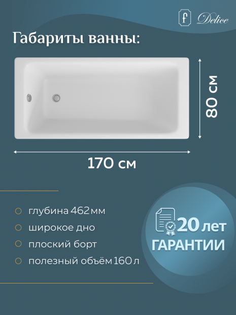 Ванна чугунная DELICE PARALLEL 170x80 (DLR220502R) с ручками