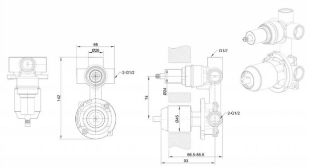 Скрытая монтажная часть смесителя для ванны с душем BRAVAT BUILT-IN (D969BW-B-ENG)