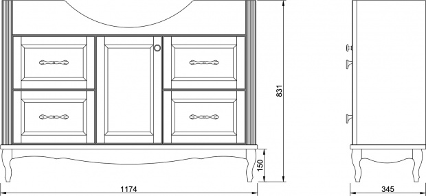 Комплект мебели ValenHouse Эллина 120 белая, 4 ящика, 1 дверца, ручки золото