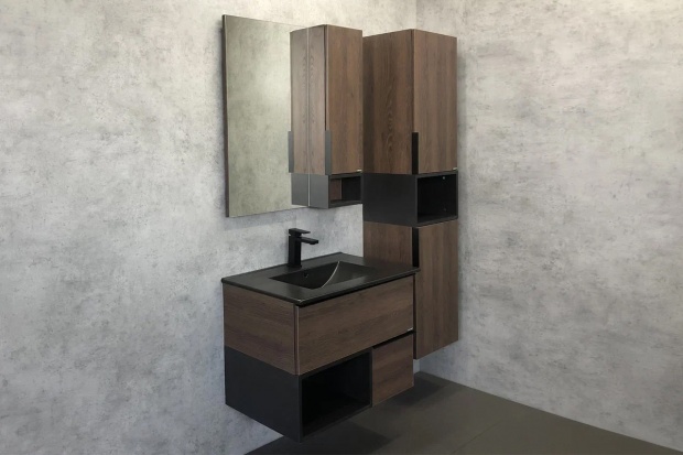 Комплект мебели Comforty Франкфурт 75, дуб шоколадно-коричневый, черная раковина