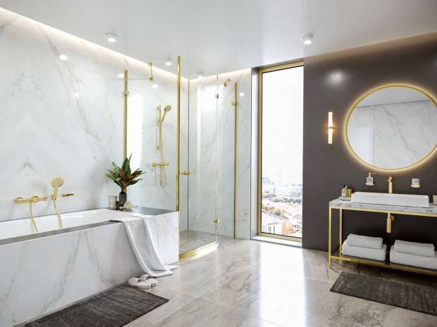 Термостатический смеситель Hansgrohe Ecostat Comfort 13114990 для ванны с душем, полированное золото