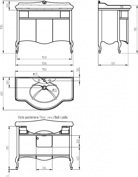 Комплект мебели Migliore Impero 110 с ящиками, с дверками, oliva