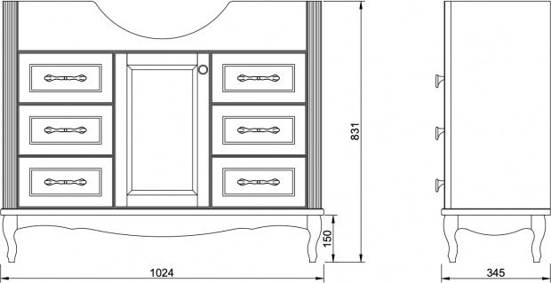 Комплект мебели ValenHouse Эллина 105 кальяри, 6 ящиков, 1 дверца, ручки бронза
