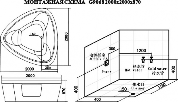 Ванна гидромассажная Gemy 200x200 (G9068 K)