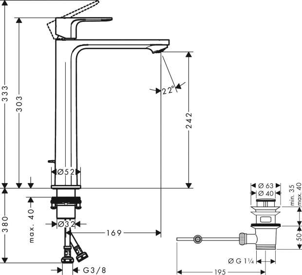 Смеситель для раковины Hansgrohe Rebris E 72581670 технология CoolStart, с донным клапаном, черный матовый