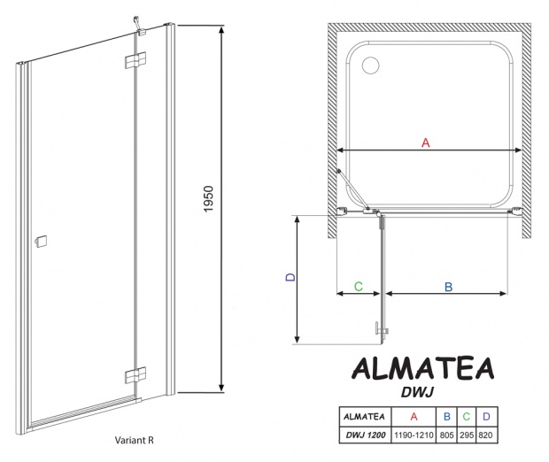 Душевая дверь RADAWAY ALMATEA DWJ 195x120 (31502-01-05N) стекло графит R