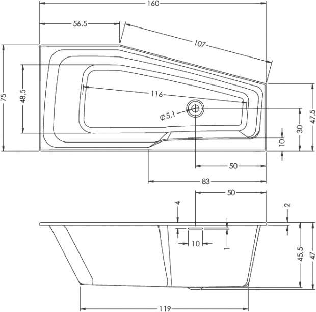 Акриловая ванна Riho Rething Space L, 160x75