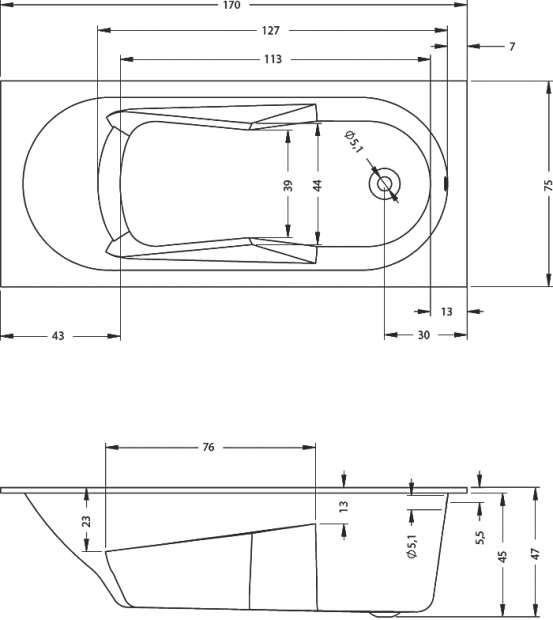 Акриловая ванна Riho Bathtubs Lazy 170х75