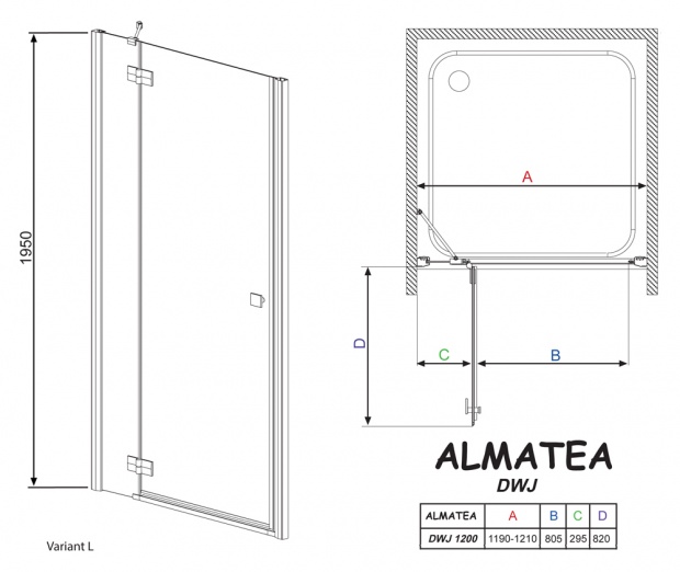 Душевая дверь RADAWAY ALMATEA DWJ 195x120 (31402-01-05N) стекло графит L