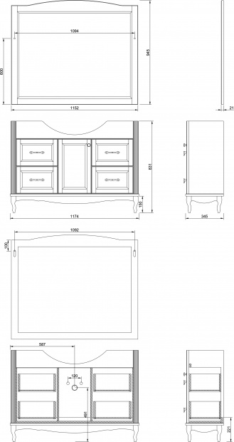 Комплект мебели ValenHouse Эллина 120 кальяри, 4 ящика, 1 дверца, ручки хром