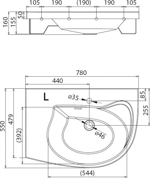 Раковина встраиваемая RAVAK Rosa 78x55 правая (XJ8P11N0000) c отверстиями для мебели
