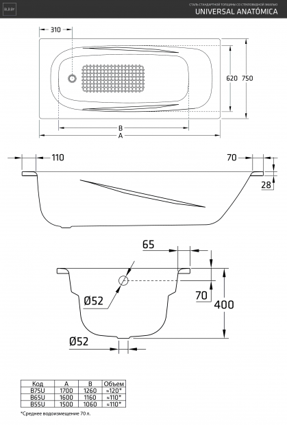 Ванна стальная BLB UNIVERSAL ANATOMICA 150x75 (B55U)